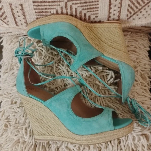 Trina Turk Turquoise Suede Leather Lace up Ankle Wrap Wedge Sandals - Picture 3 of 12